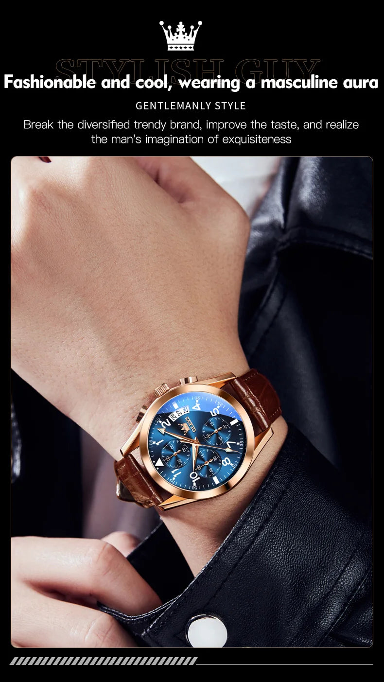 OLEVS Men's Leather Quartz Watch