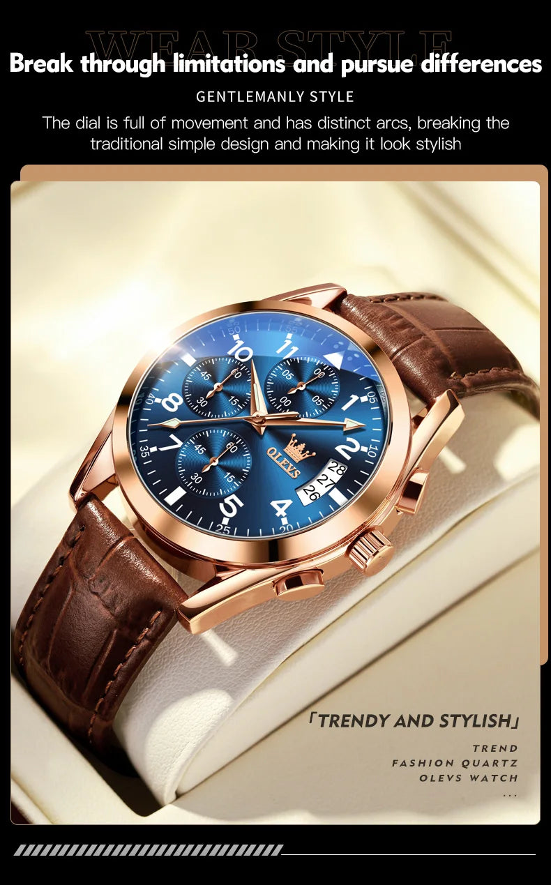 OLEVS Men's Leather Quartz Watch