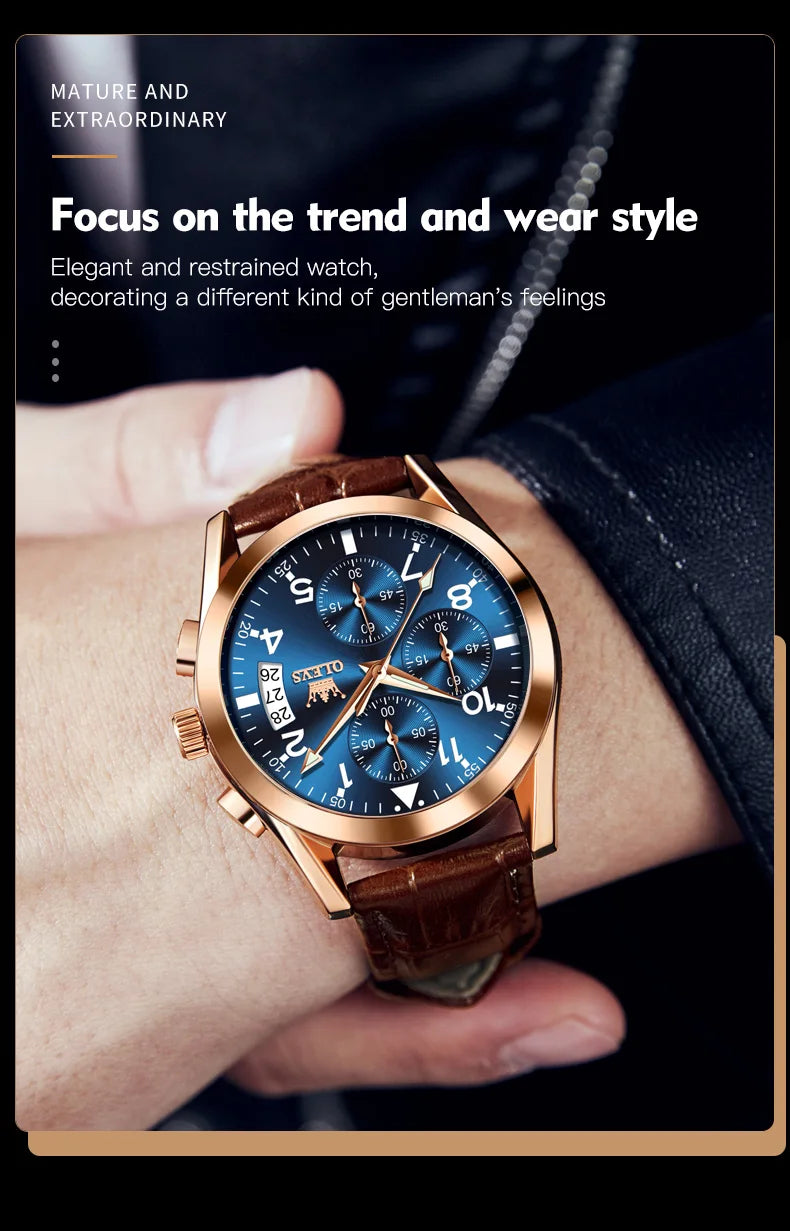 OLEVS Men's Leather Quartz Watch