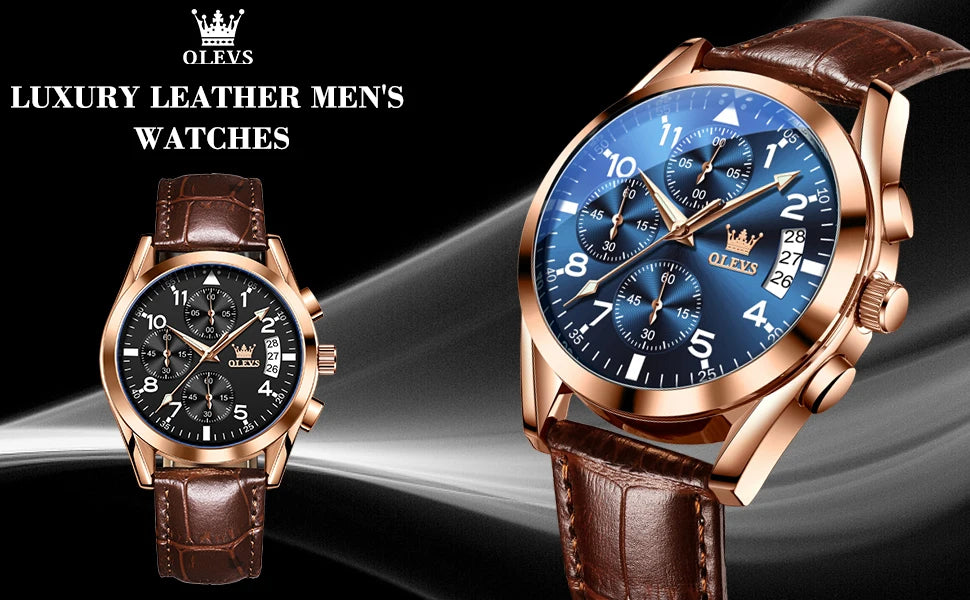 OLEVS Men's Leather Quartz Watch