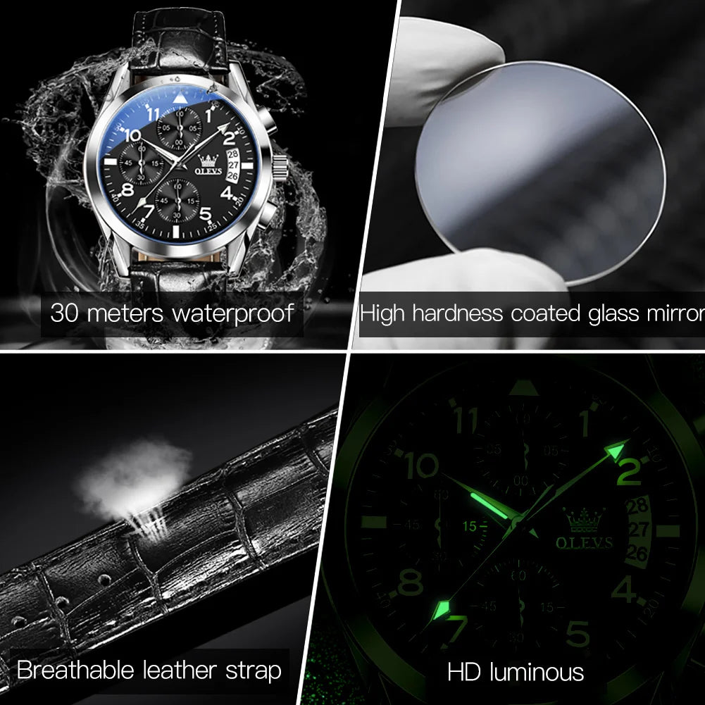 OLEVS Men's Leather Quartz Watch